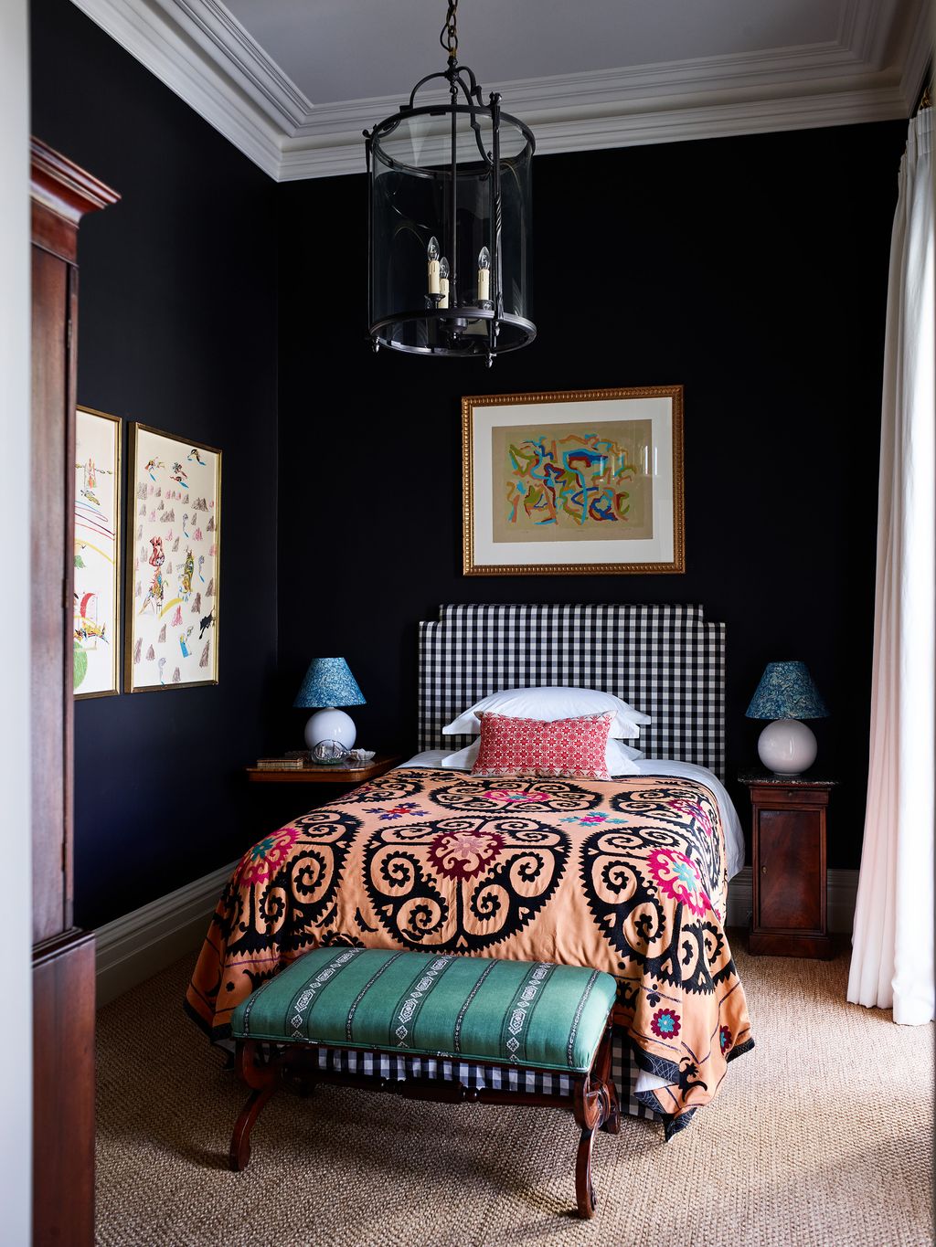 Image may contain Lamp Bed Furniture Art Painting Indoors Interior Design Home Decor Bench Bedroom and Room