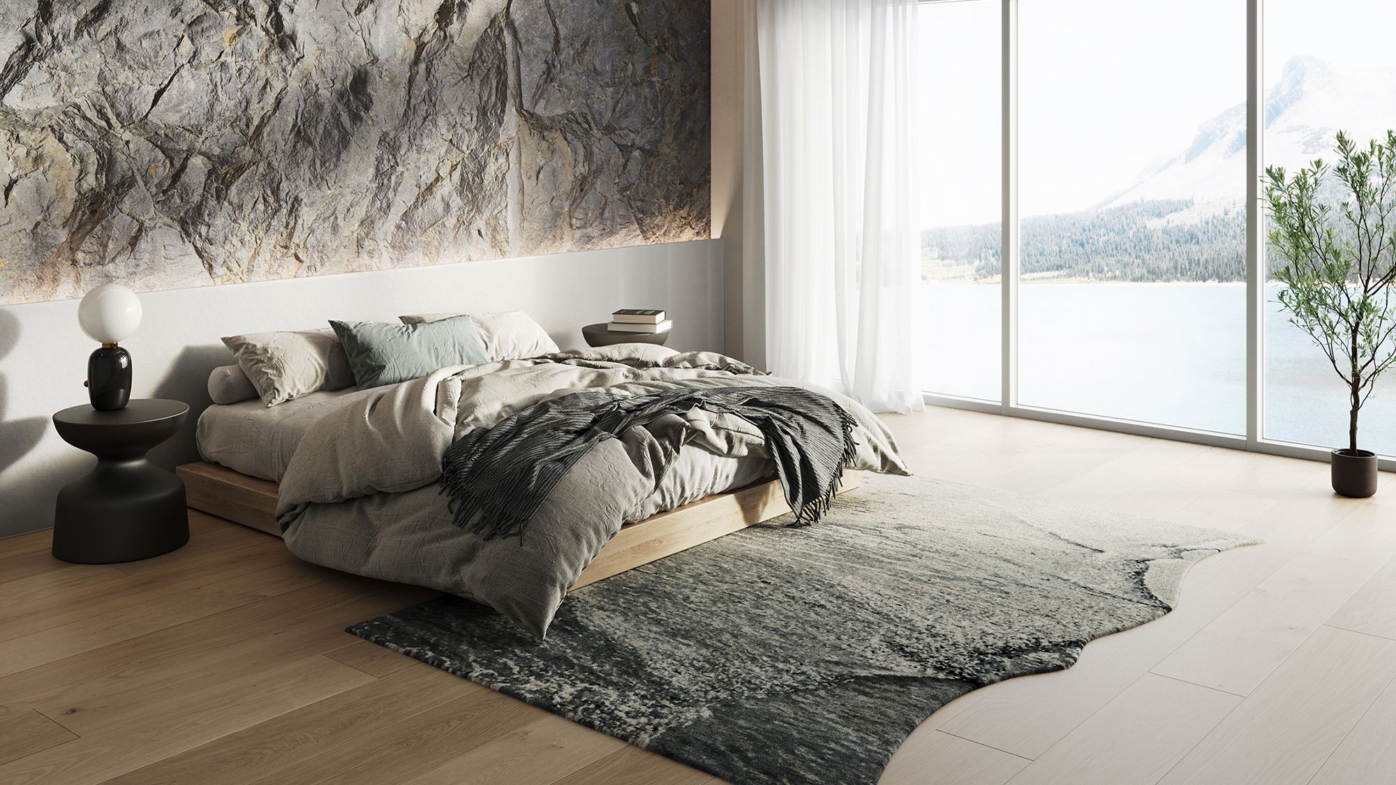 Image may contain: Home Decor, Rug, Indoors, Interior Design, Lamp, Plant, Bed, Furniture, Bedroom, and Room