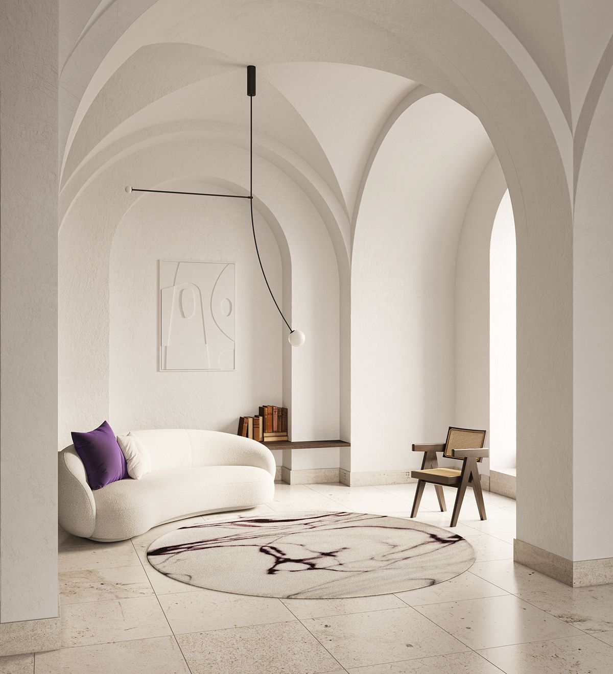 Image may contain: Floor, Home Decor, Chair, Furniture, Arch, Architecture, Rug, Flooring, Couch, Vault Ceiling, and Building