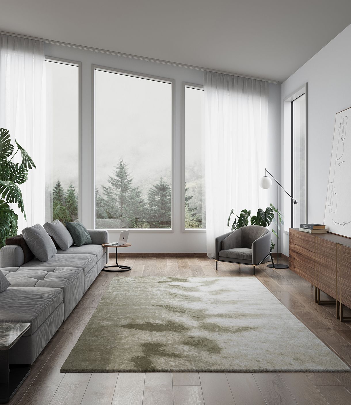 Image may contain: Home Decor, Rug, Architecture, Building, Furniture, Indoors, Living Room, Room, Plant, and Chair