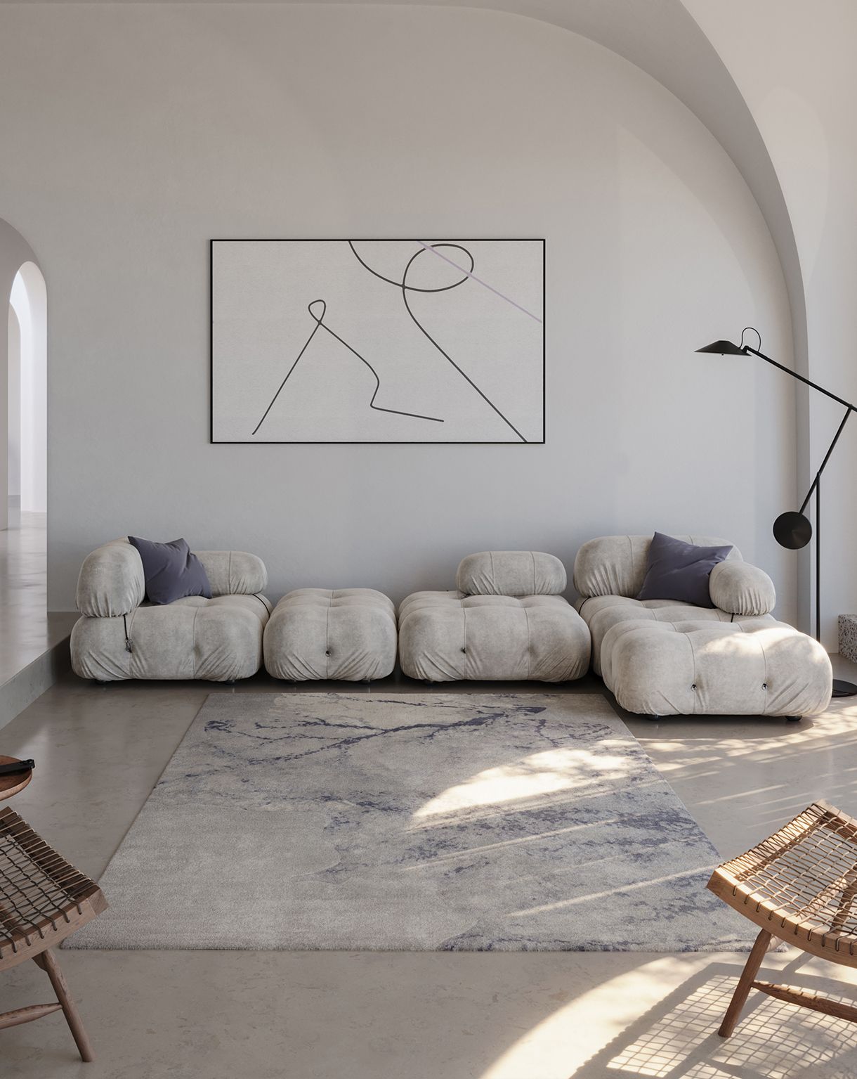 Image may contain: Home Decor, Lamp, Chair, Furniture, Rug, Couch, and Cushion