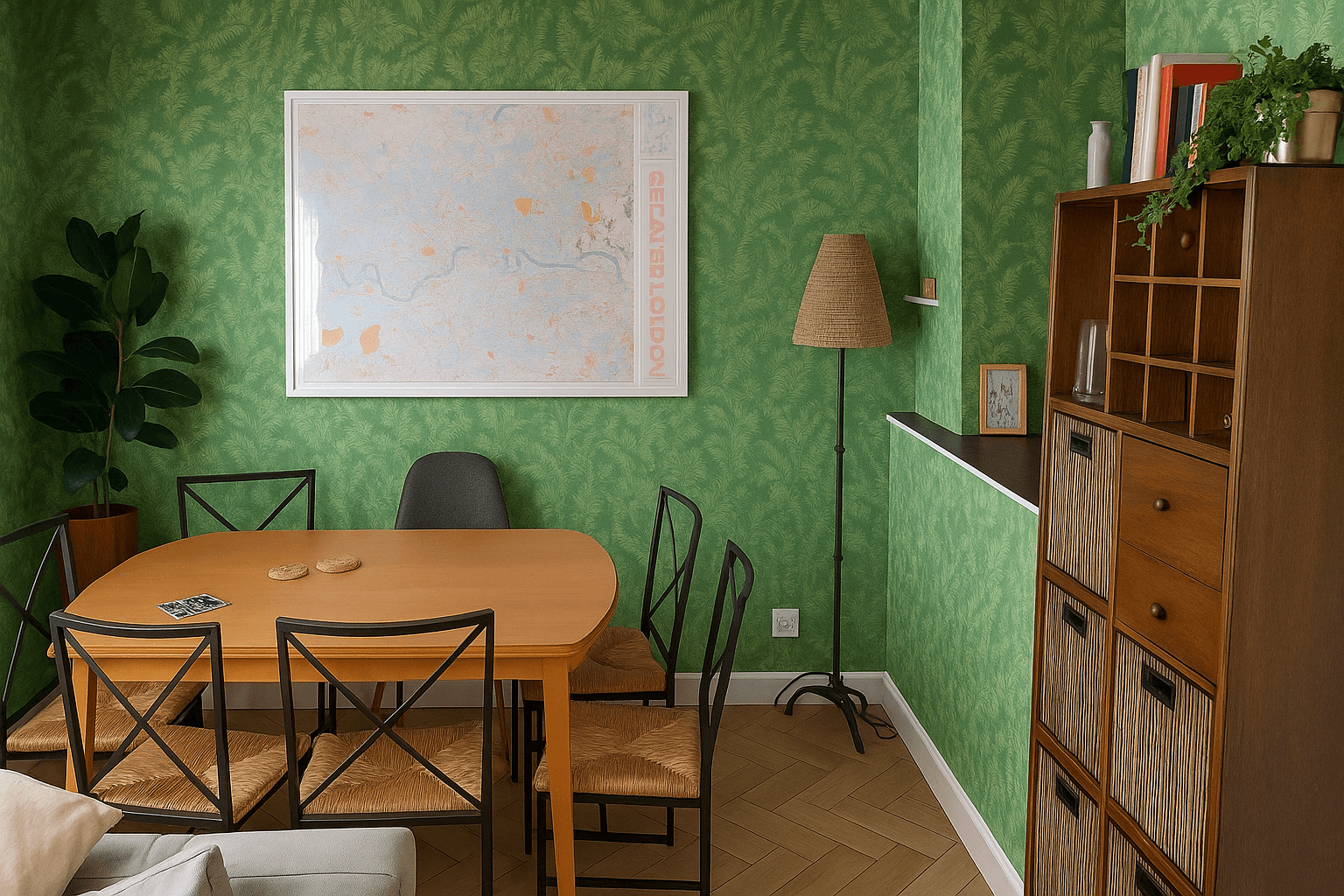 Image may contain Plywood Wood Indoors Interior Design Furniture Table Architecture Building and Dining Room