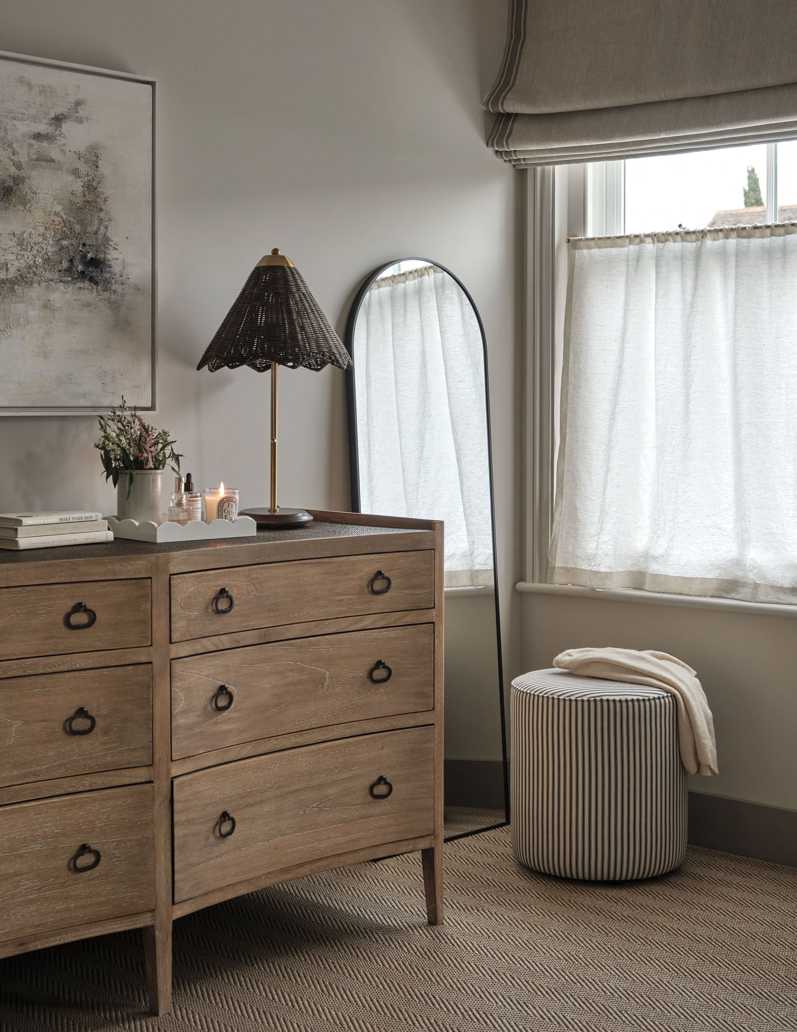 Image may contain: Lamp, Furniture, Plant, Chest Of Drawers, Art, Painting, and Candle