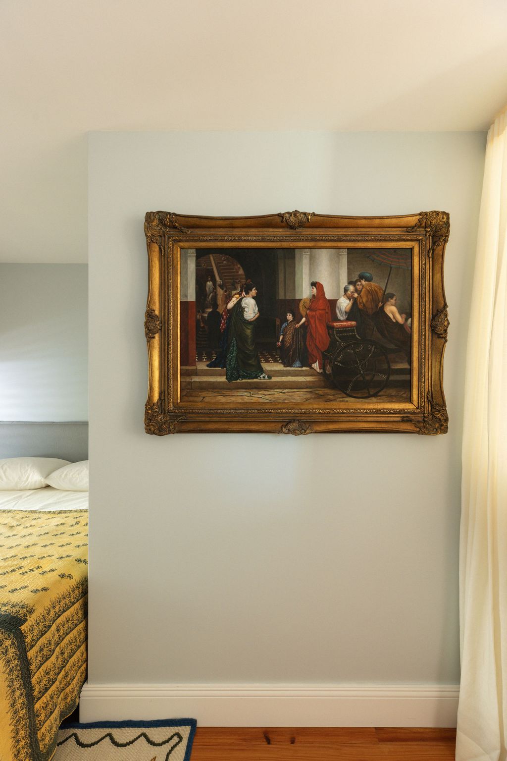 Image may contain Art Painting Bed Furniture Home Decor Rug Person Adult Accessories and Glasses