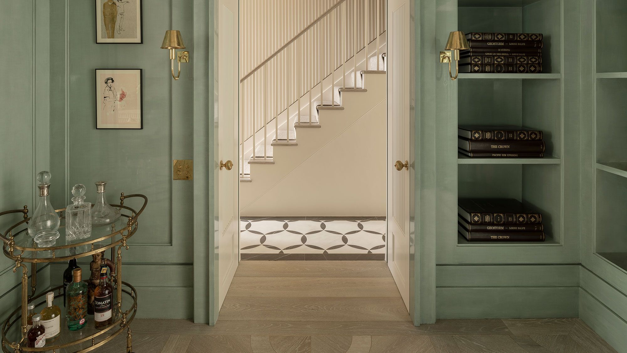 Image may contain: Lamp, Art, Painting, Architecture, Building, House, Housing, Staircase, Indoors, and Floor