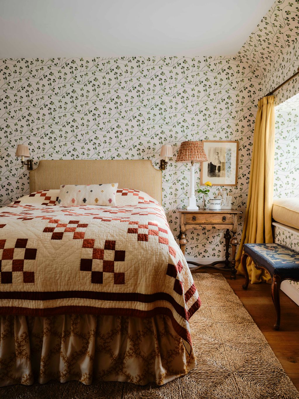 Image may contain Indoors Interior Design Bed Furniture Home Decor Art Painting Lamp Rug Bedroom and Room