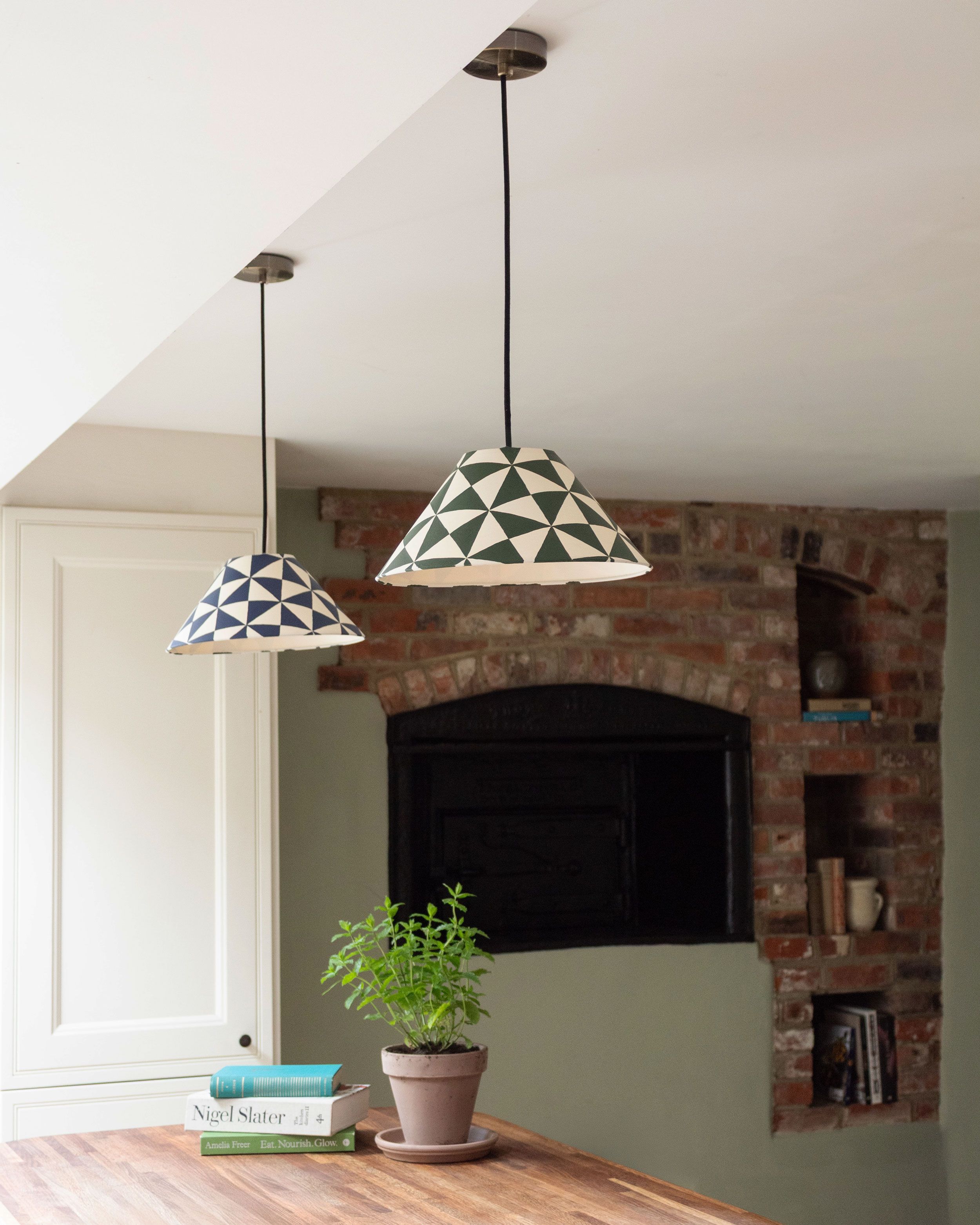 Image may contain: Lamp, Indoors, Interior Design, Plant, Potted Plant, and Fireplace