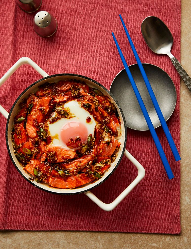 Image may contain Cutlery Spoon Chopsticks Food Plate Egg and Food Presentation