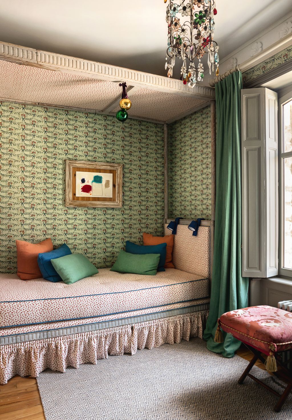 Image may contain Home Decor Indoors Interior Design Lamp Art Painting Cushion Furniture Bed Bedroom and Room