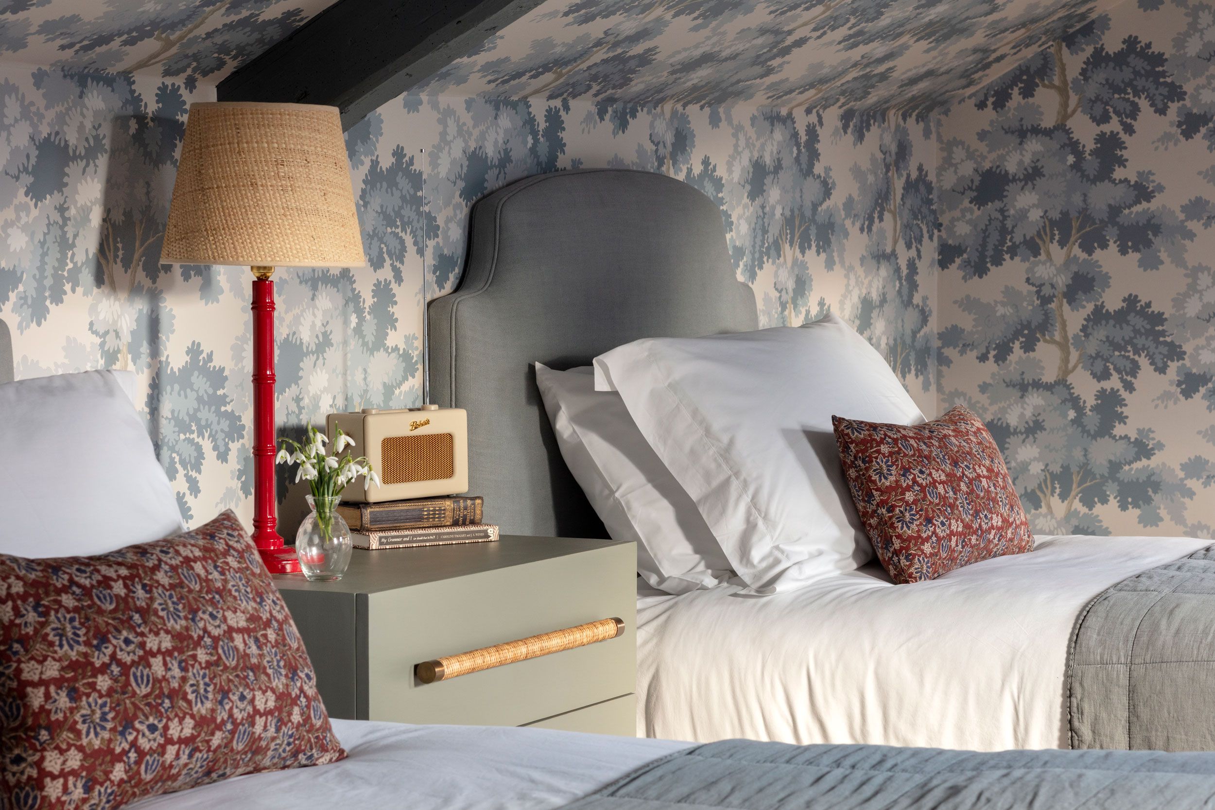 Image may contain: Cushion, Home Decor, Lamp, Pillow, Bed, Furniture, and Table Lamp