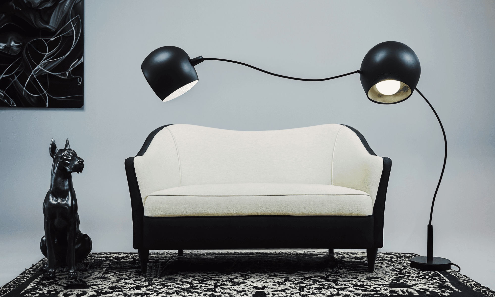 Image may contain: Lamp, Furniture, Couch, Floor Lamp, Animal, Horse, and Mammal