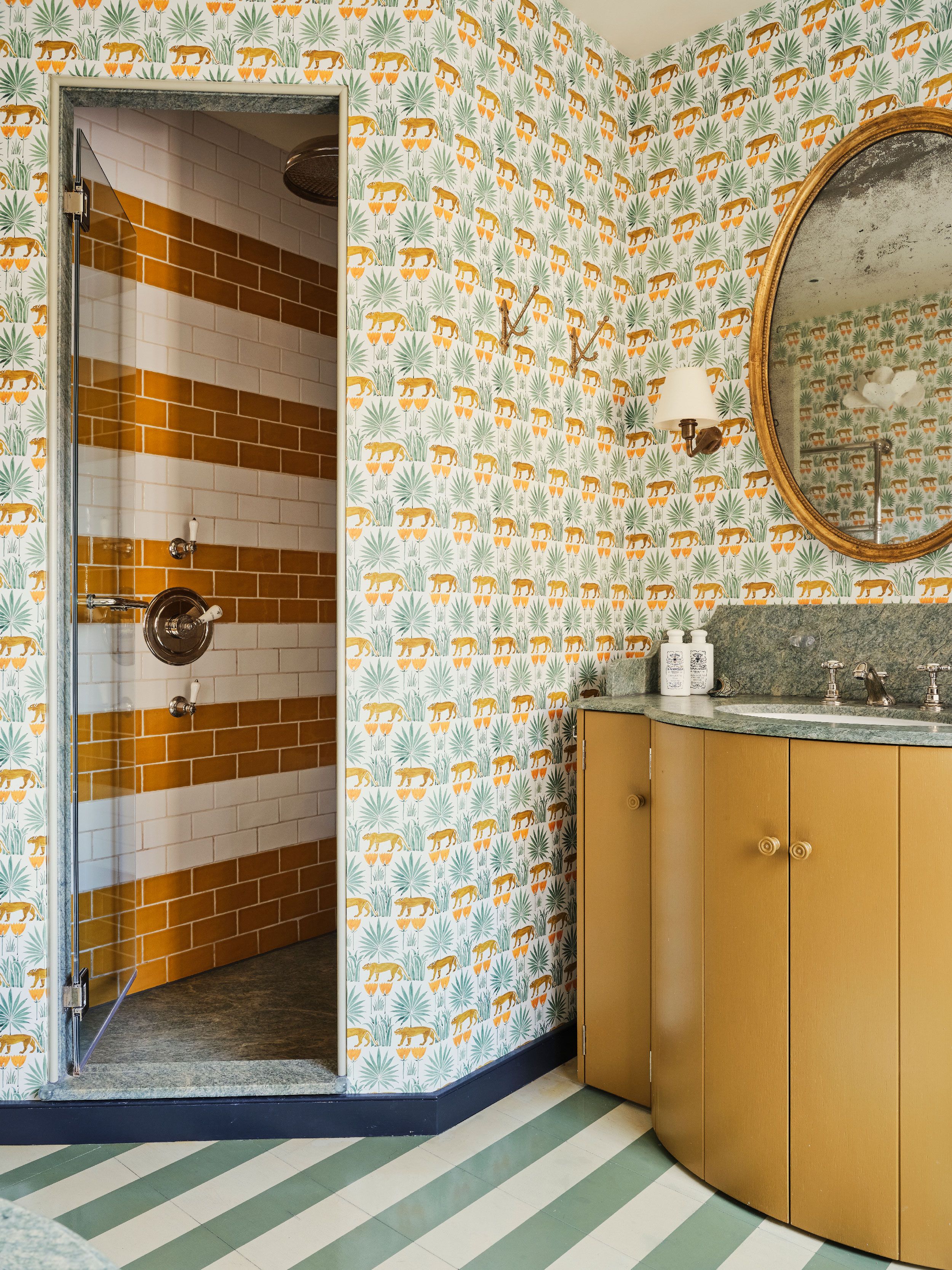 Image may contain: Indoors, Interior Design, Lamp, Sink, Tile, Bathroom, and Room