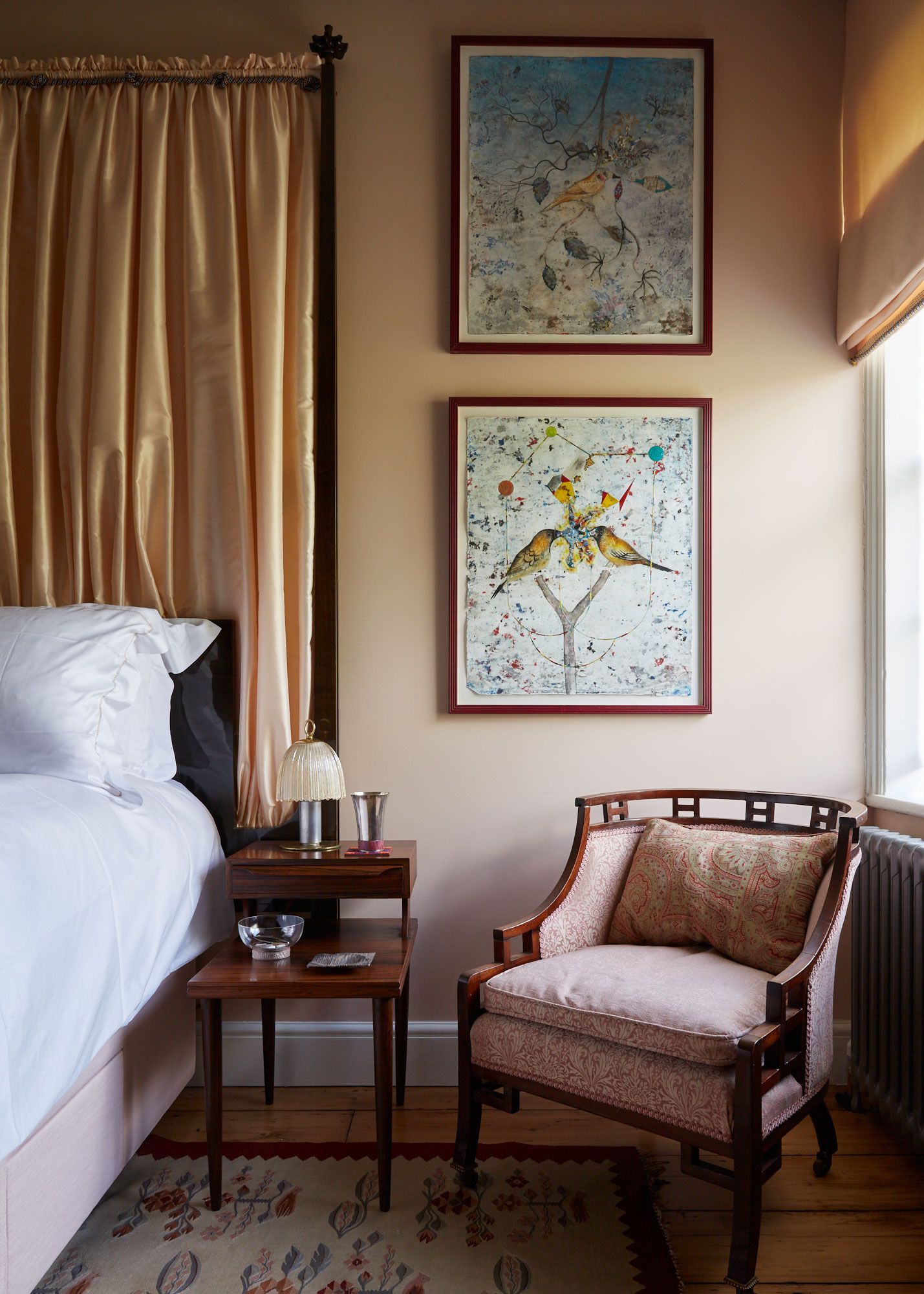 Image may contain: Lamp, Home Decor, Art, Painting, Rug, Bed, Furniture, Indoors, Interior Design, Cushion, Desk, and Table