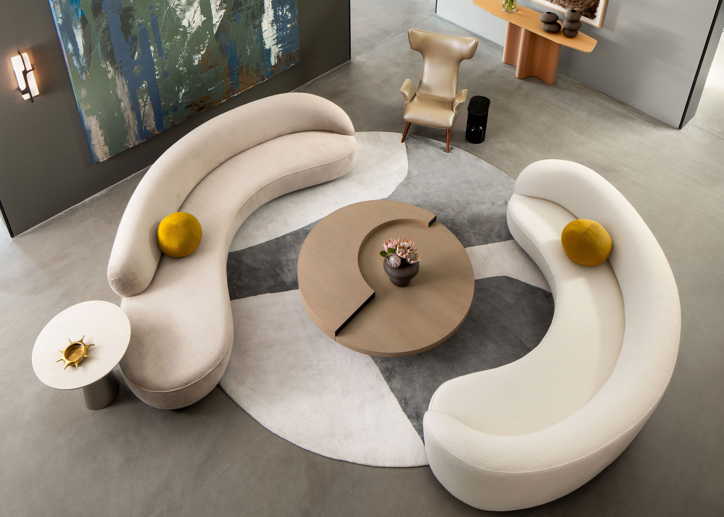 Image may contain: Furniture, Table, Coffee Table, Lamp, Chair, Home Decor, Architecture, Building, Foyer, and Indoors