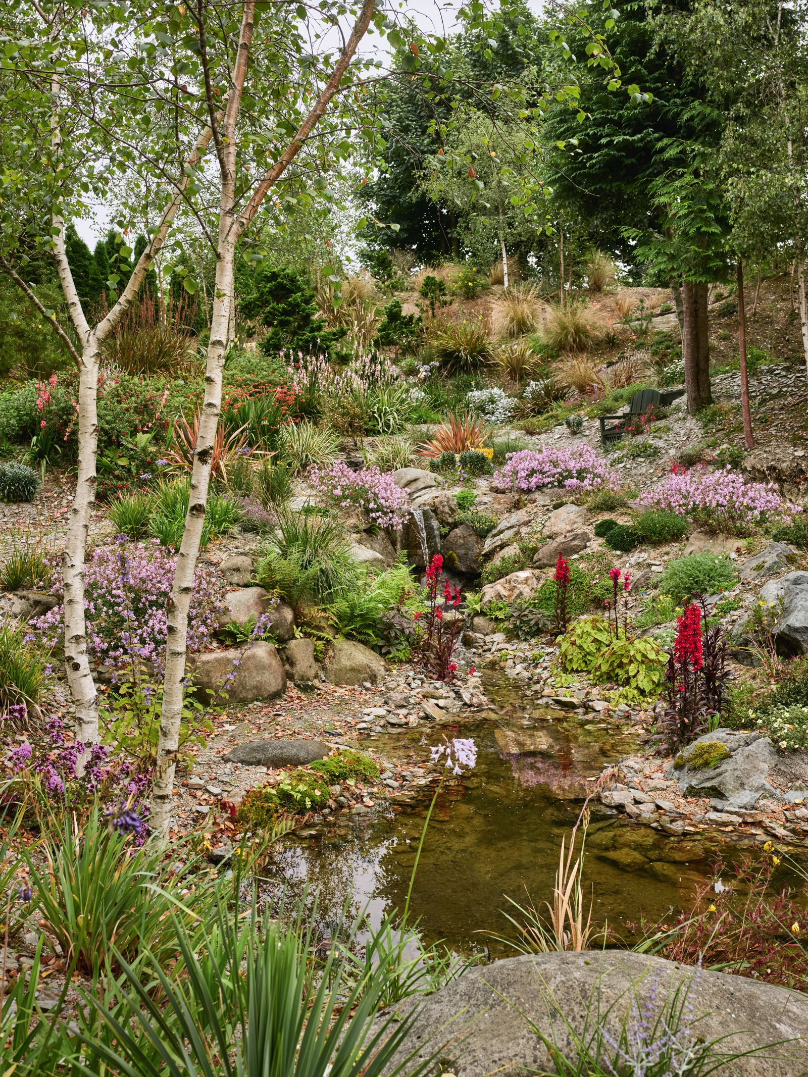 Image may contain Nature Outdoors Pond Water Garden Plant Vegetation Land Tree Herbal Herbs Woodland and Bench