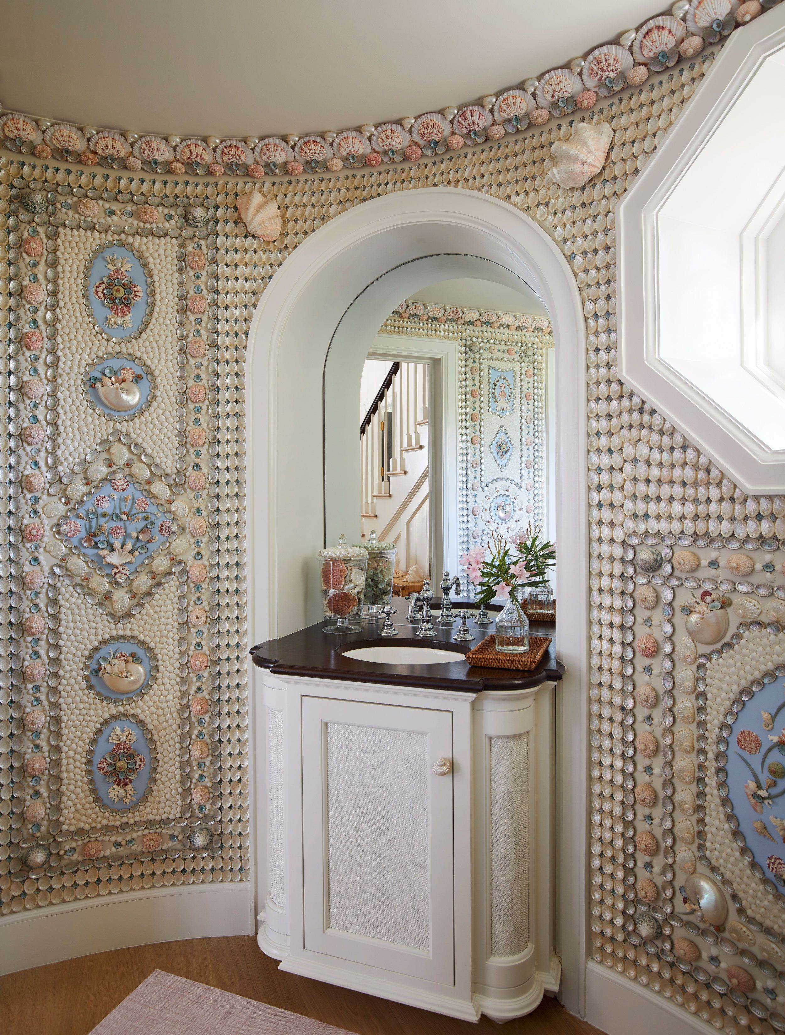 Image may contain: Indoors, Interior Design, Corner, Sink, Sink Faucet, Home Decor, Rug, and Tile