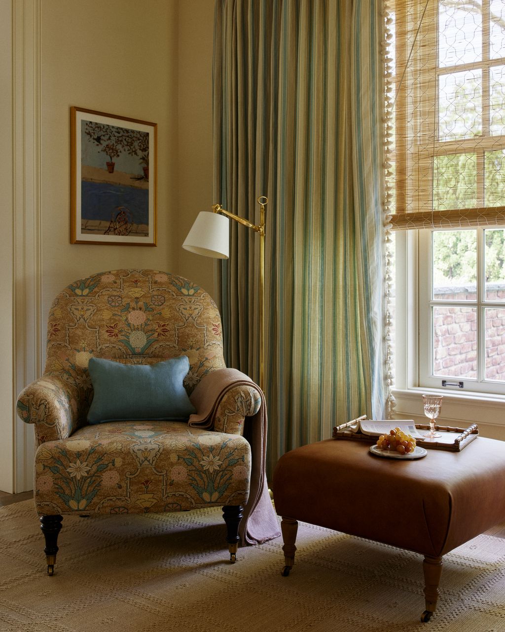 Both the ottoman and the armchair were made bespoke by Whittington Company. The armchair is upholstered in Robert Kimes...