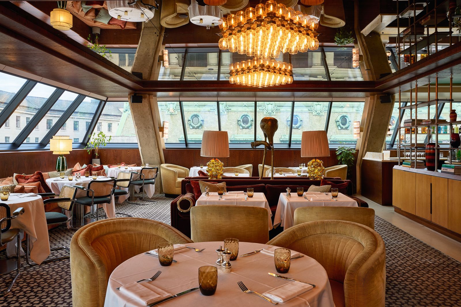 The restaurant at 180 House with interiors that nod to the buildings Brutalist architecture.