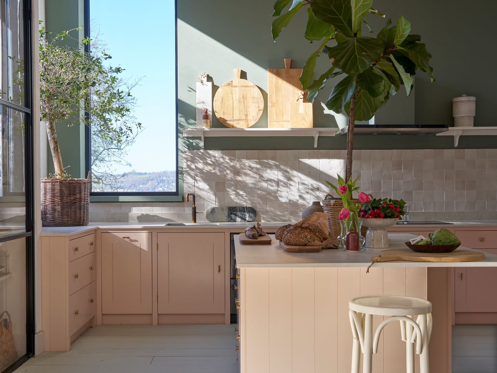 Flat Eggshell is an excellent choice for kitchen cabinets and floors. Here they are in ‘Pink Ground and ‘Mizzle with...