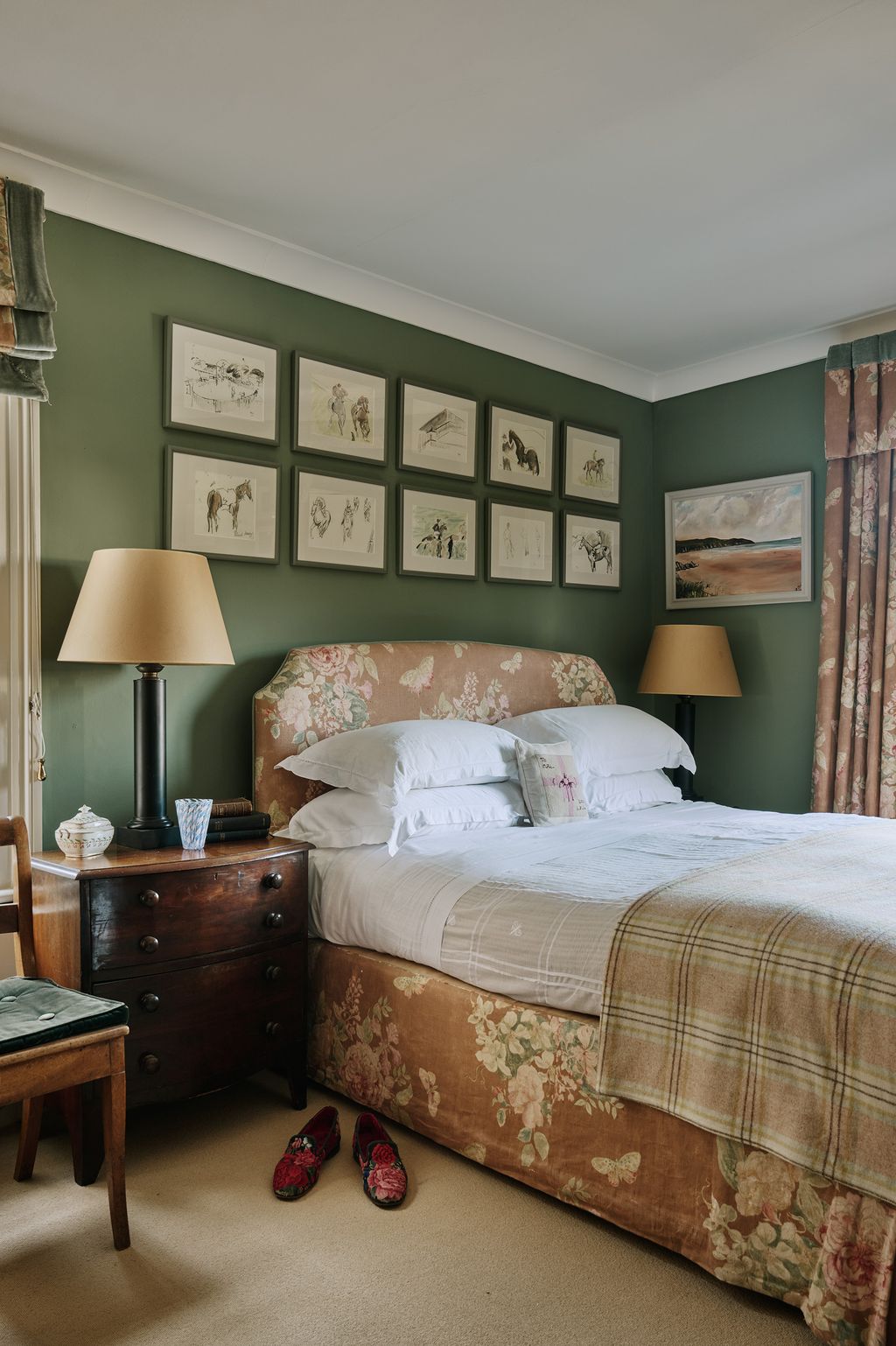‘Calke Green by Farrow  Ball makes for a warm backdrop in the spare bedroom.