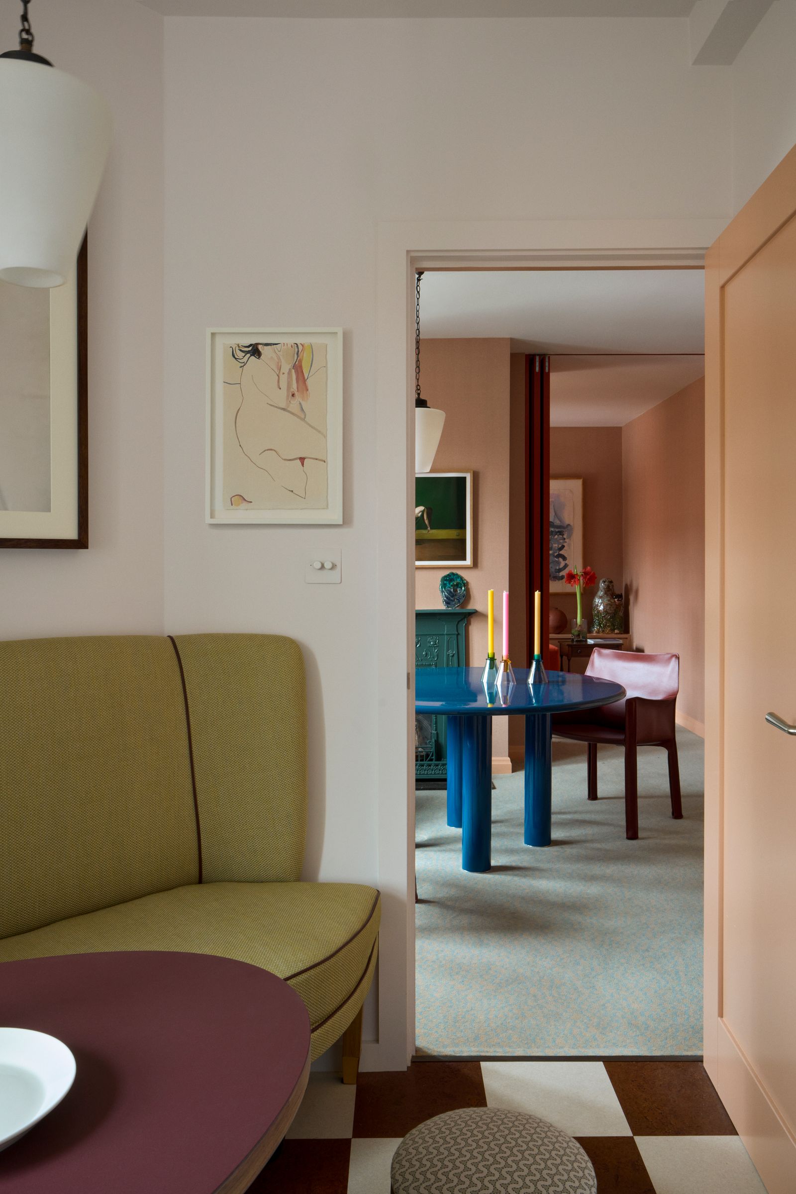 In the kitchen the banquette is upholstered in A Rum Fellow's ‘Momo fabric and piped with a leather trim from Samuel amp...