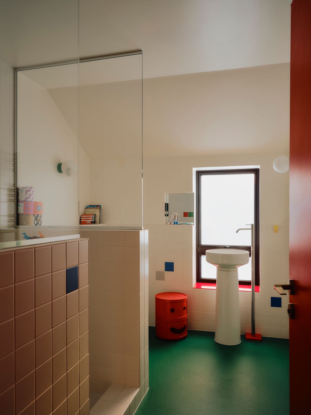 Rufuss bathroom is fun but simple with wall lights from La Quincaillerie Moderne textured vinyl flooring from Forbo and...