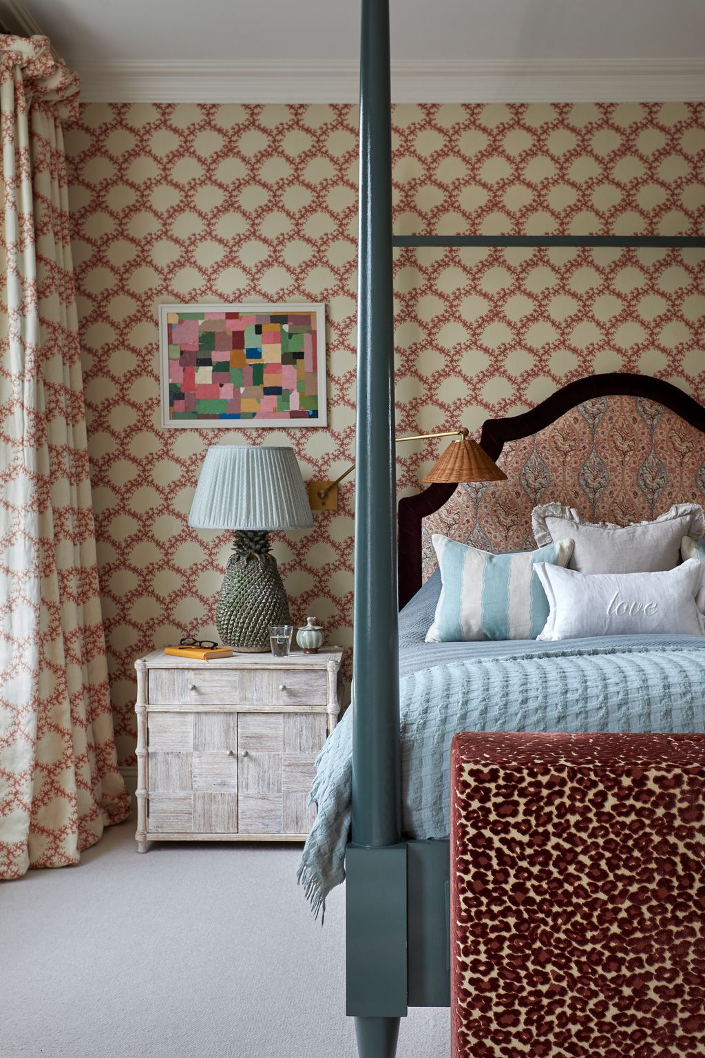 The starting point for the main bedroom scheme was Soane Britains ‘Seaweed Lattice in ruskin pink chosen for the...