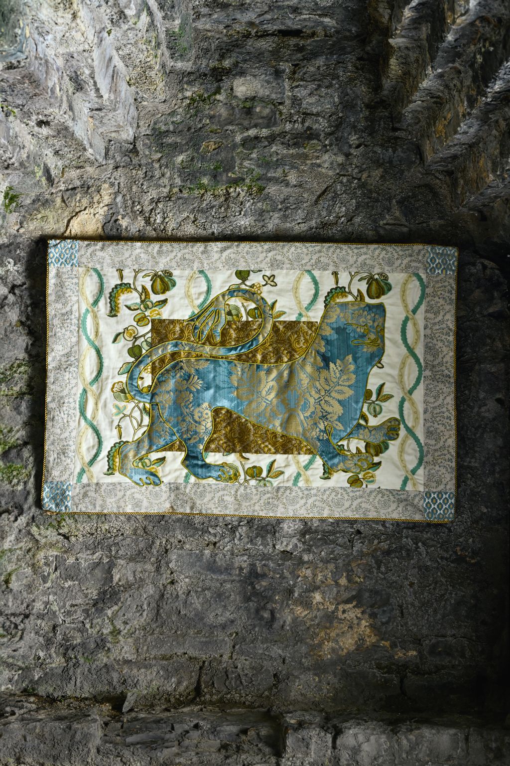 Border Spring blue ‘Jaujac Virelle linen 188 Inchyra edged in gold cotton mix ‘7mm Cord 30 Beaumont  Fletcher. Corners...