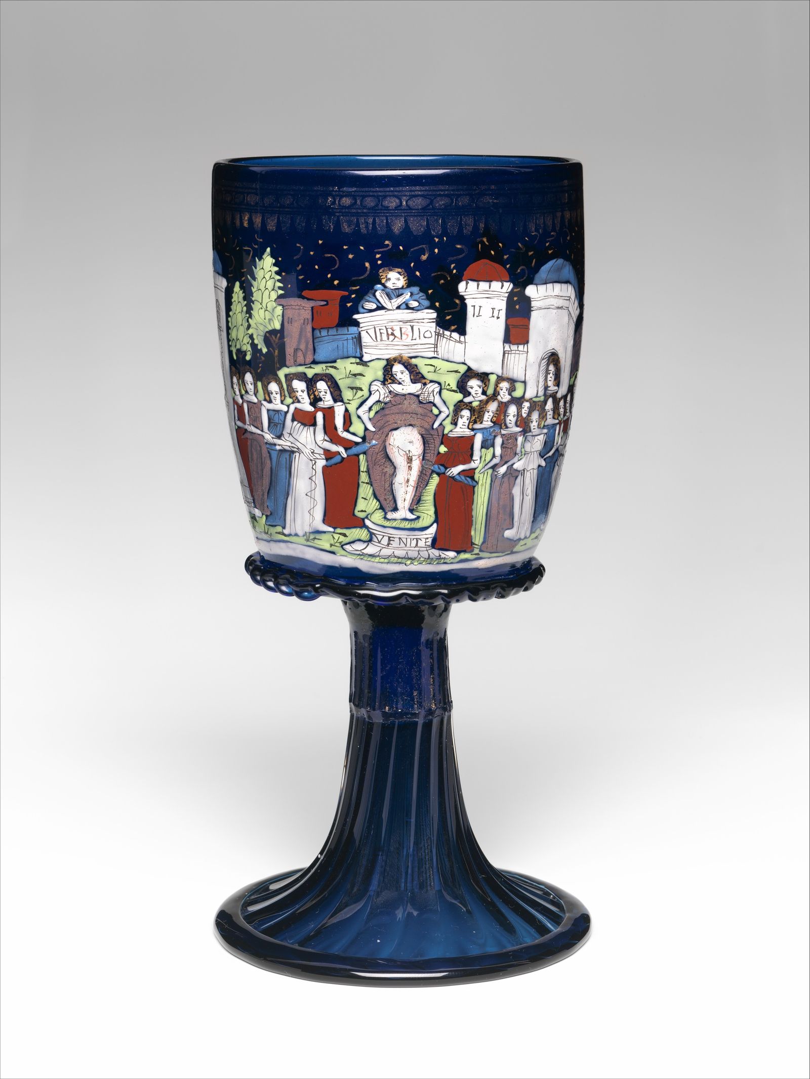 This deep blue Venetian glass from the 1470s is adorned with delicate enamel decoration. New York The Metropolitan...