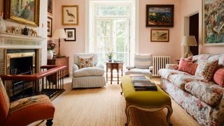 The walls in the main sitting room are a handmixed ‘dirty candy floss colour applied in a dappled fashion to resemble...