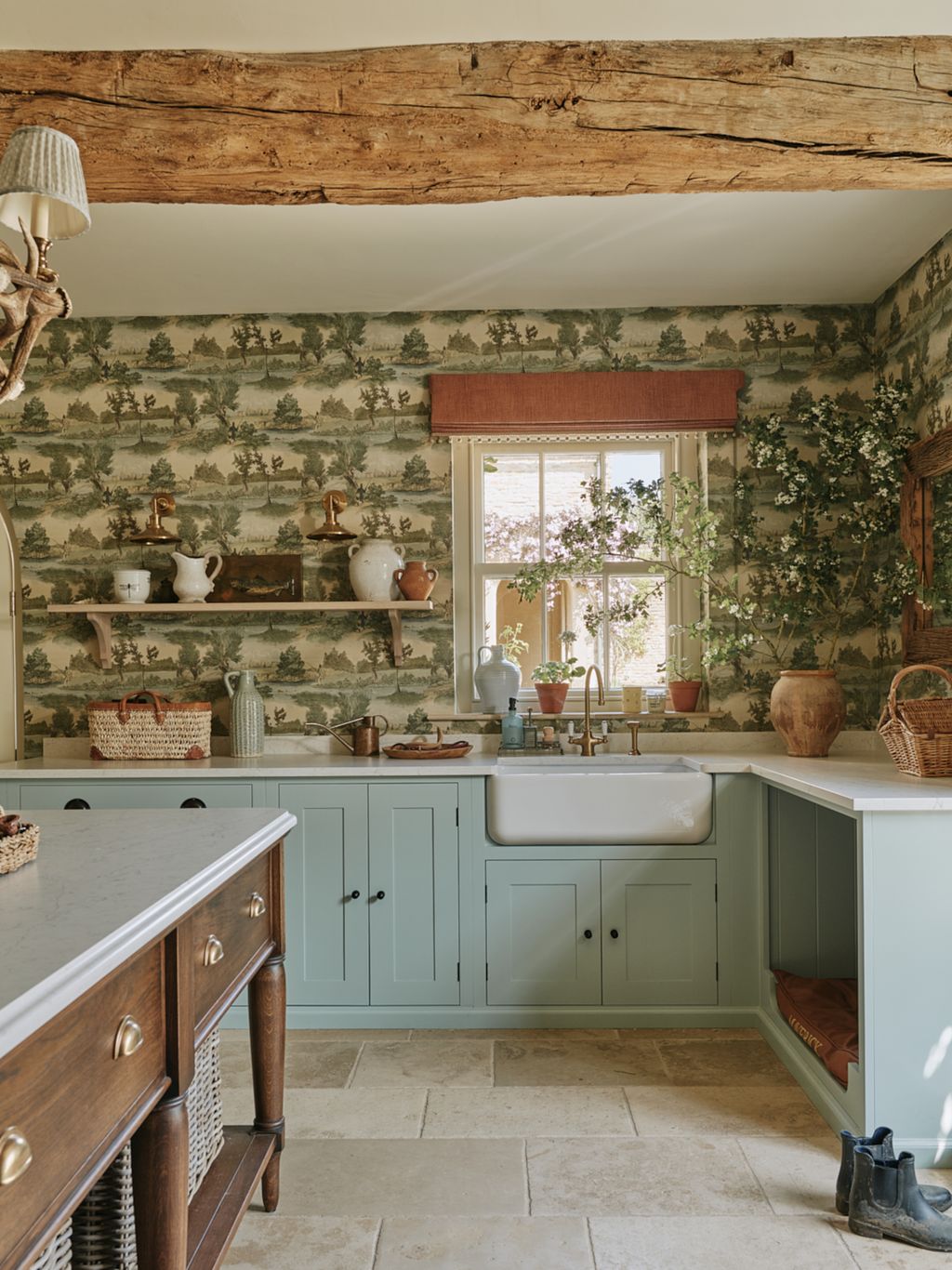 On the other side of the boot room Lewis Woods ‘Fly Fishing wallpaper and a blind in Veere Grenneys ‘Verandah linen...