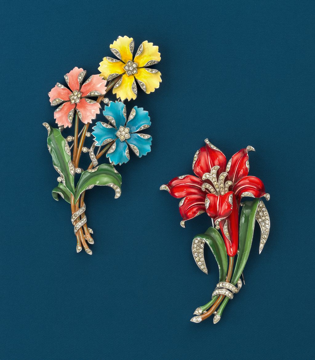 Designed by Alfred Philippe for Trifari in 194142 these floral spray pins feature enamelled flowers set with rhinestones...