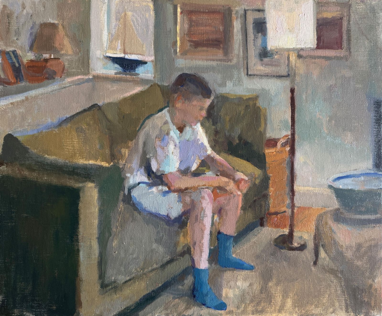 Image may contain Art Painting Person Sitting Clothing Hosiery Sock Face Head and Reading