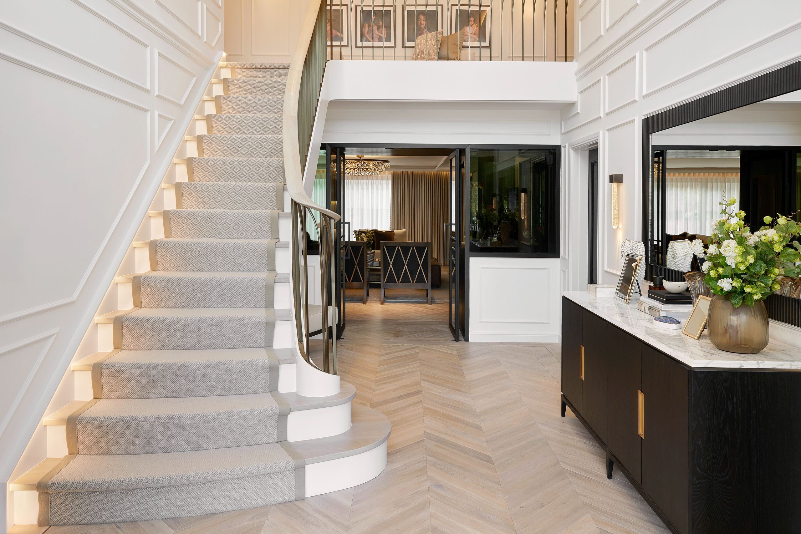 Image may contain: Floor, Architecture, Building, Foyer, Indoors, Interior Design, Flooring, House, Housing, and Staircase