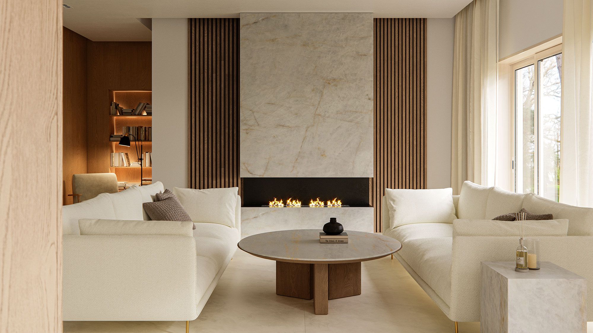 Image may contain: Coffee Table, Furniture, Indoors, Interior Design, Table, Fireplace, Architecture, and Building