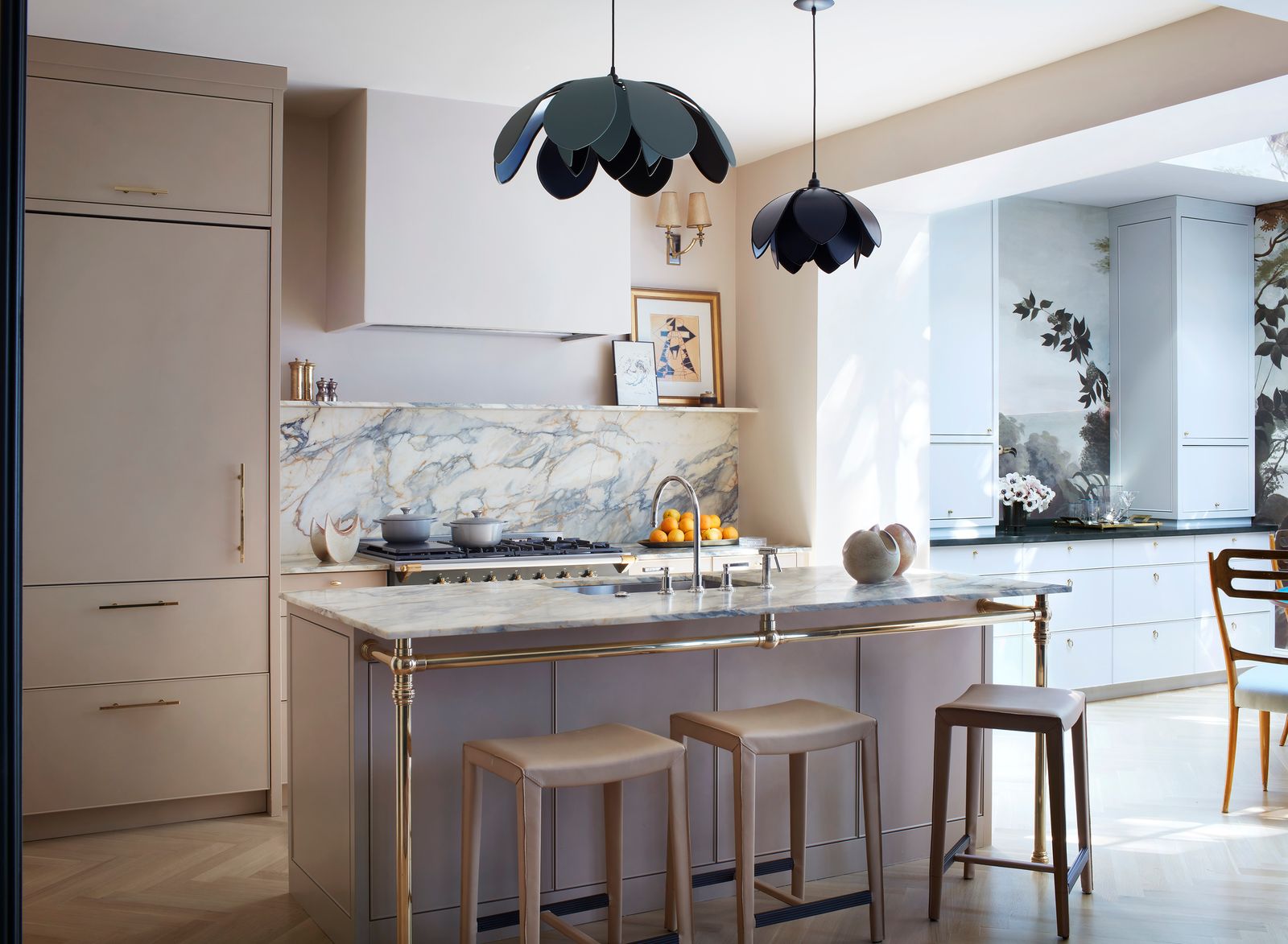 marble and brass kitchen island