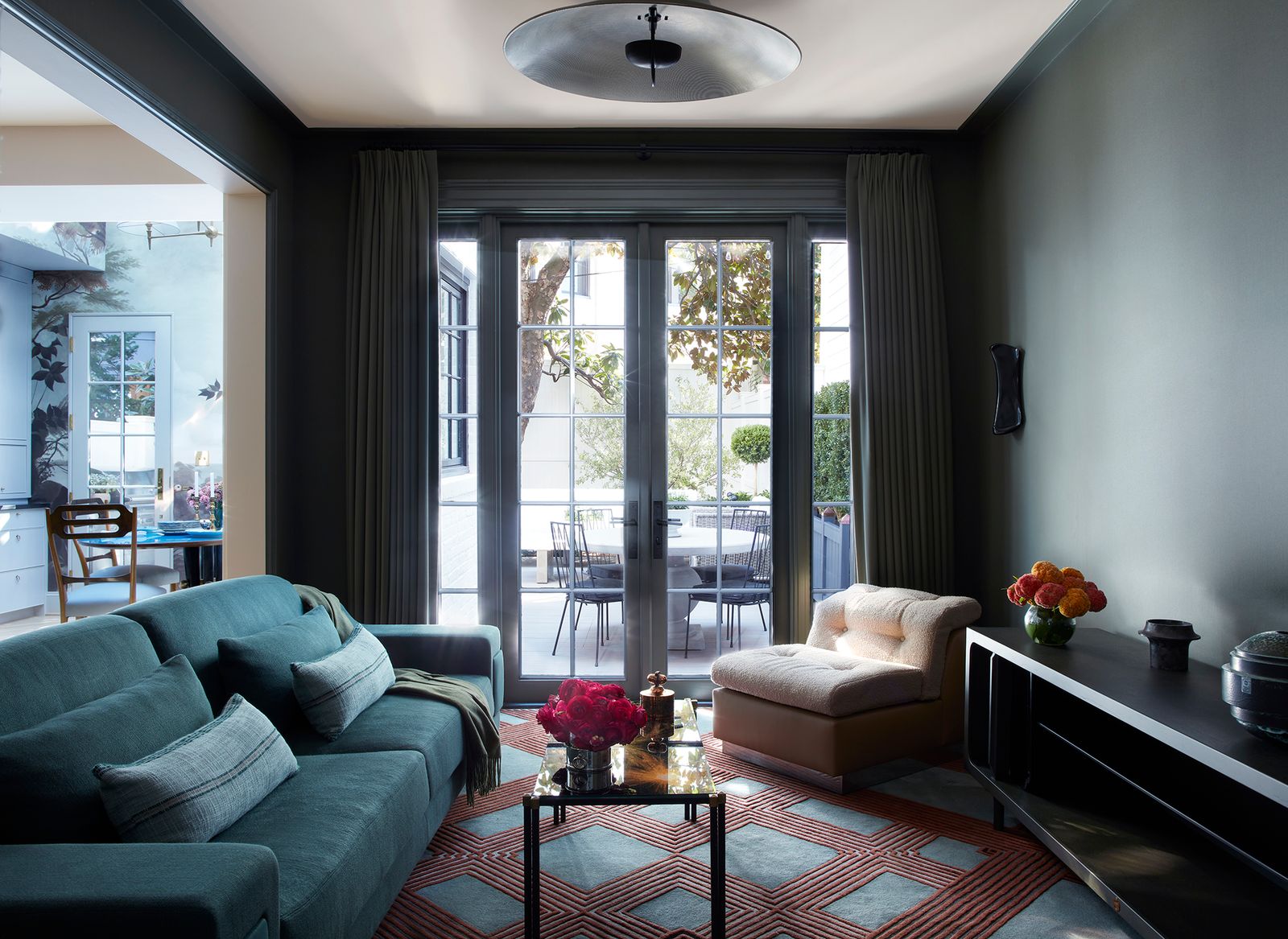 dark green family lounge area